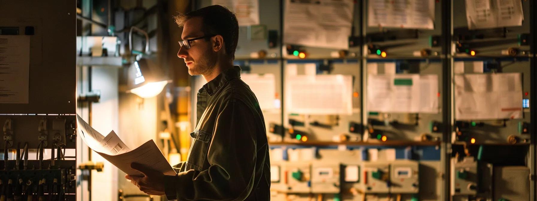 a professional engineer examines a high-tech lifeline system in a well-lit industrial office, surrounded by detailed inspection reports and certification documents, highlighting the meticulous process of system safety compliance and maintenance.