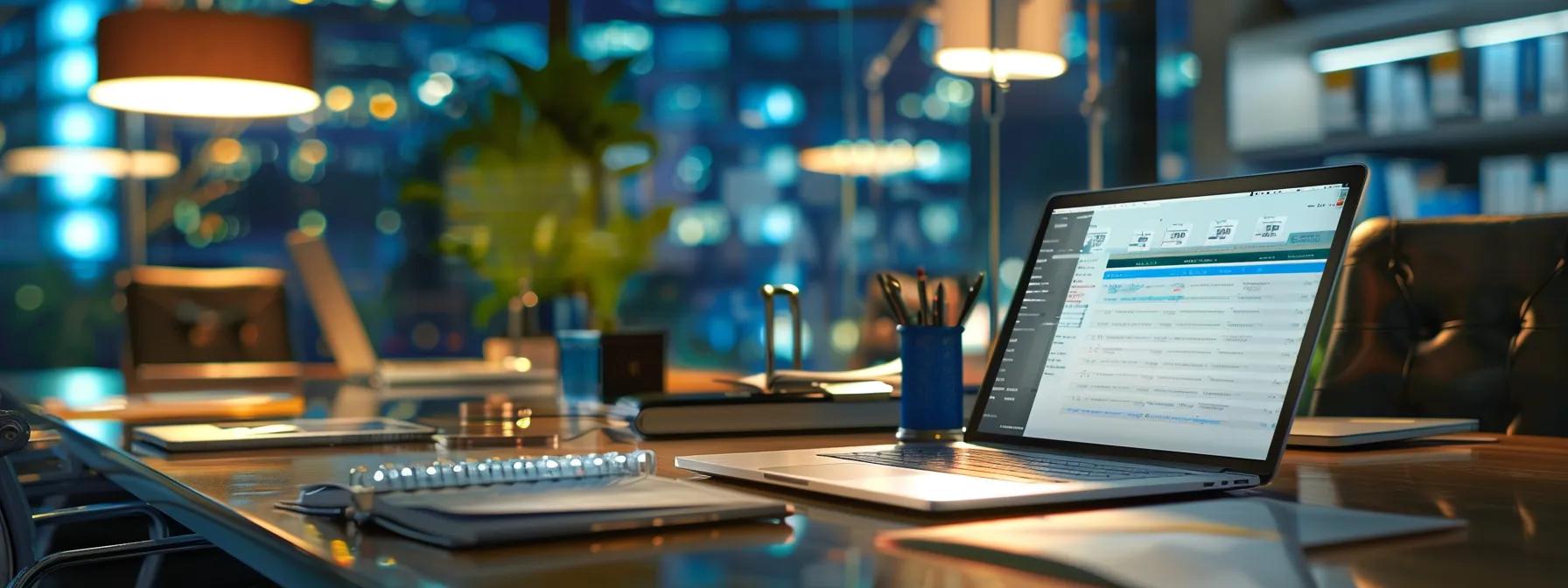 a professional office setting featuring a meticulously organized inspection record binder on a sleek conference room table, alongside a glowing laptop screen displaying analytical compliance data, all illuminated by soft, focused overhead lighting to emphasize the importance of legal and insurance documentation in workplace safety.