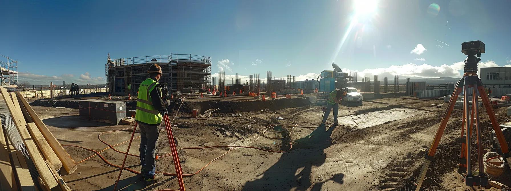 a professional safety engineer conducts a thorough site survey on a construction site, meticulously assessing fall hazards while surrounded by various fall protection equipment ready for installation. a professional safety engineer conducts a thorough site survey on a construction site, meticulously assessing fall hazards while surrounded by various fall protection equipment ready for installation.