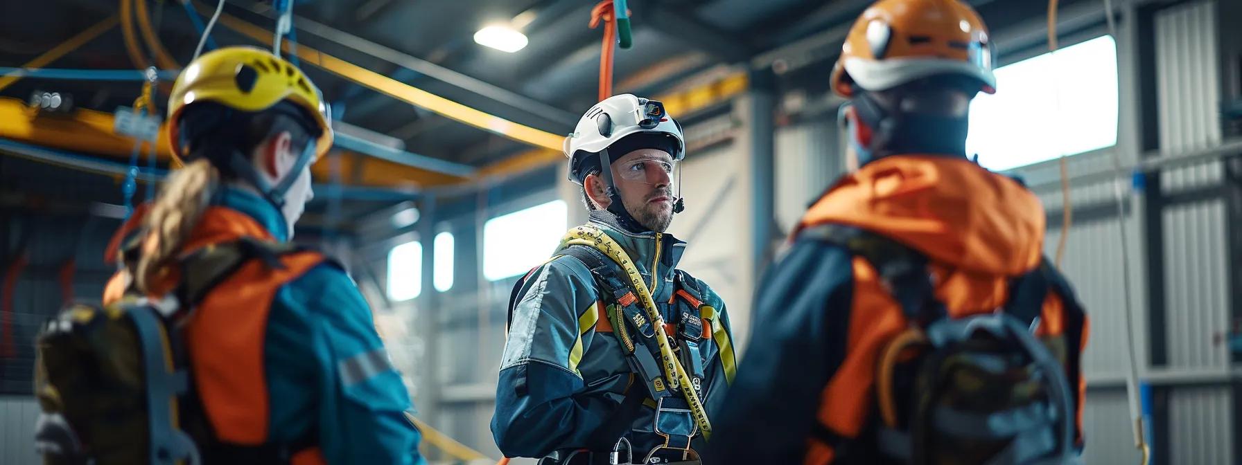 a professional training session takes place in a modern workshop, showcasing workers dressed in safety gear, practicing proper harness donning techniques and conducting equipment inspections, all under the attentive guidance of an instructor with a focus on high-voltage safety and rescue protocols. a professional training session takes place in a modern workshop, showcasing workers dressed in safety gear, practicing proper harness donning techniques and conducting equipment inspections, all under the attentive guidance of an instructor with a focus on high-voltage safety and rescue protocols.