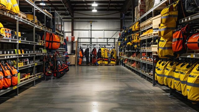 a professional, well-equipped warehouse featuring a variety of fall protection gear displayed neatly on shelves, illuminated by bright overhead lights, emphasizing safety and industry standards in a modern setting.