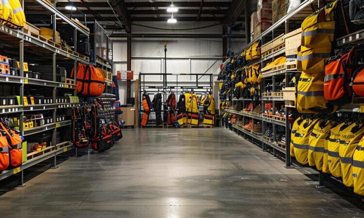 a professional, well-equipped warehouse featuring a variety of fall protection gear displayed neatly on shelves, illuminated by bright overhead lights, emphasizing safety and industry standards in a modern setting.