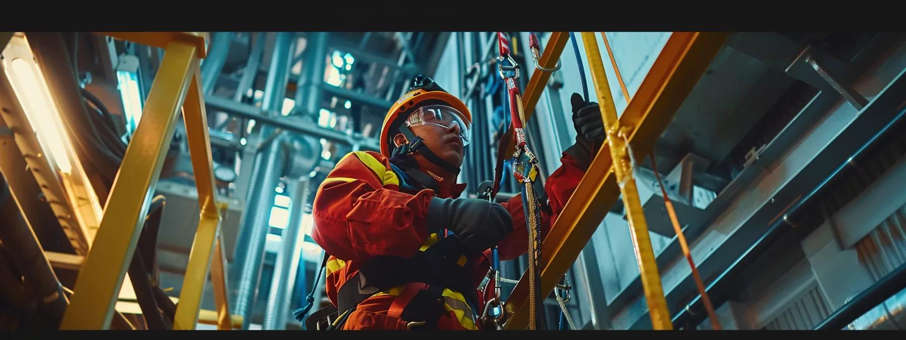 a safety-focused scene showcases a utility worker in full-body harness gear, confidently inspecting shock-absorbing lanyards and self-retracting lifelines in an industrial substation, highlighting the essential fall protection systems in a well-lit, organized workspace with visible safety certifications. a safety-focused scene showcases a utility worker in full-body harness gear, confidently inspecting shock-absorbing lanyards and self-retracting lifelines in an industrial substation, highlighting the essential fall protection systems in a well-lit, organized workspace with visible safety certifications.