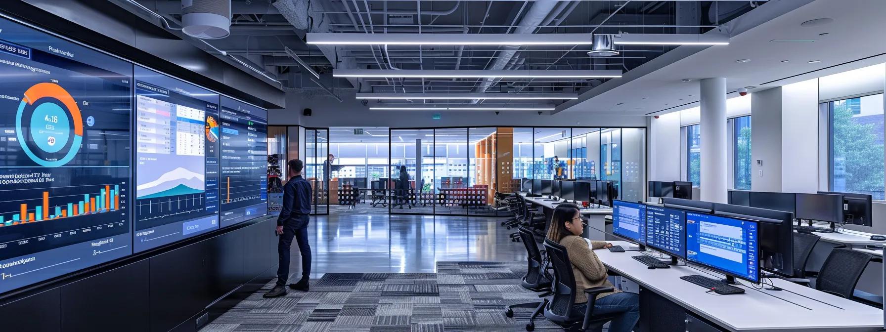 a sleek, modern office environment featuring a large digital dashboard displaying analytics and maintenance metrics, with a focused safety manager intently analyzing real-time data to enhance inspection effectiveness.
