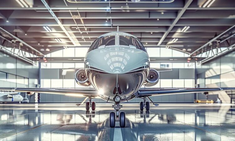 a spacious aircraft hangar showcases advanced fall protection systems, featuring high-visibility safety harnesses and robust overhead safety lines, emphasizing a secure and compliant aviation workspace.