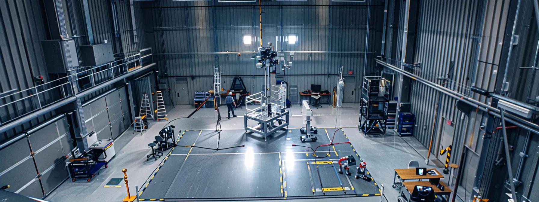 a stark, modern testing facility showcases professionals meticulously conducting proof load tests on fall protection equipment, surrounded by industrial machinery and detailed inspection documentation, emphasizing the rigorous certification process for safety compliance. a stark, modern testing facility showcases professionals meticulously conducting proof load tests on fall protection equipment, surrounded by industrial machinery and detailed inspection documentation, emphasizing the rigorous certification process for safety compliance.