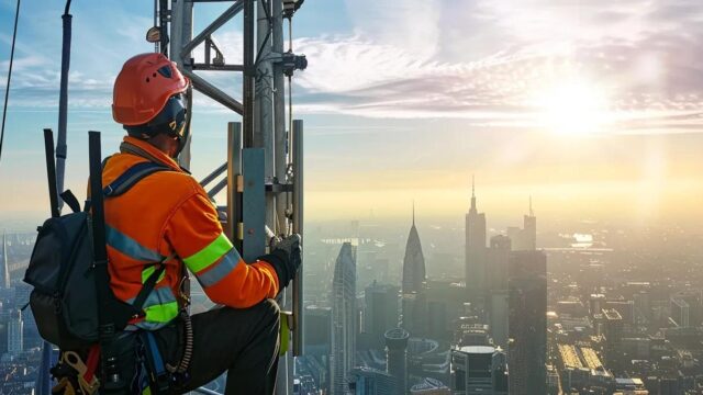 a technician in safety gear meticulously inspects a sleek telecommunication tower against a clear urban skyline, showcasing advanced fall protection systems in a high-tech environment.
