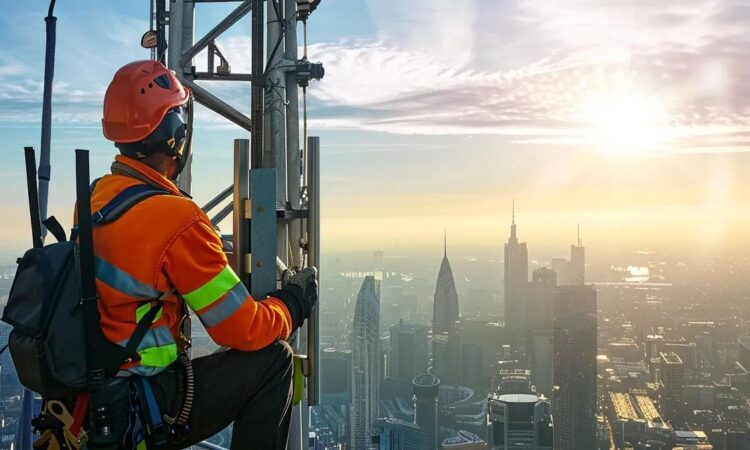 a technician in safety gear meticulously inspects a sleek telecommunication tower against a clear urban skyline, showcasing advanced fall protection systems in a high-tech environment.