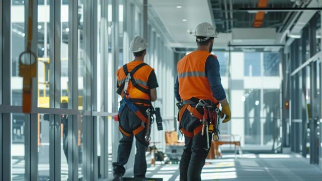 a visually striking office environment showcases utility workers in safety harnesses inspecting elevated equipment, with vibrant orange fall protection systems prominently highlighted against a sleek, modern backdrop.
