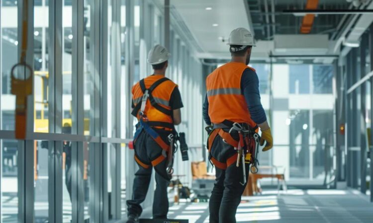 a visually striking office environment showcases utility workers in safety harnesses inspecting elevated equipment, with vibrant orange fall protection systems prominently highlighted against a sleek, modern backdrop.