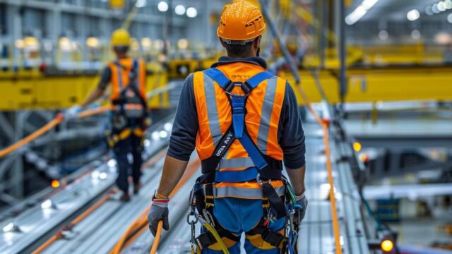 an industrial aircraft maintenance facility features workers in specialized harnesses and shock-absorbing lanyards, securely anchored to a horizontal lifeline system while performing safety-focused tasks along the wing edges and engine nacelles.