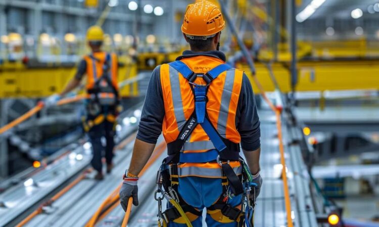 an industrial aircraft maintenance facility features workers in specialized harnesses and shock-absorbing lanyards, securely anchored to a horizontal lifeline system while performing safety-focused tasks along the wing edges and engine nacelles.