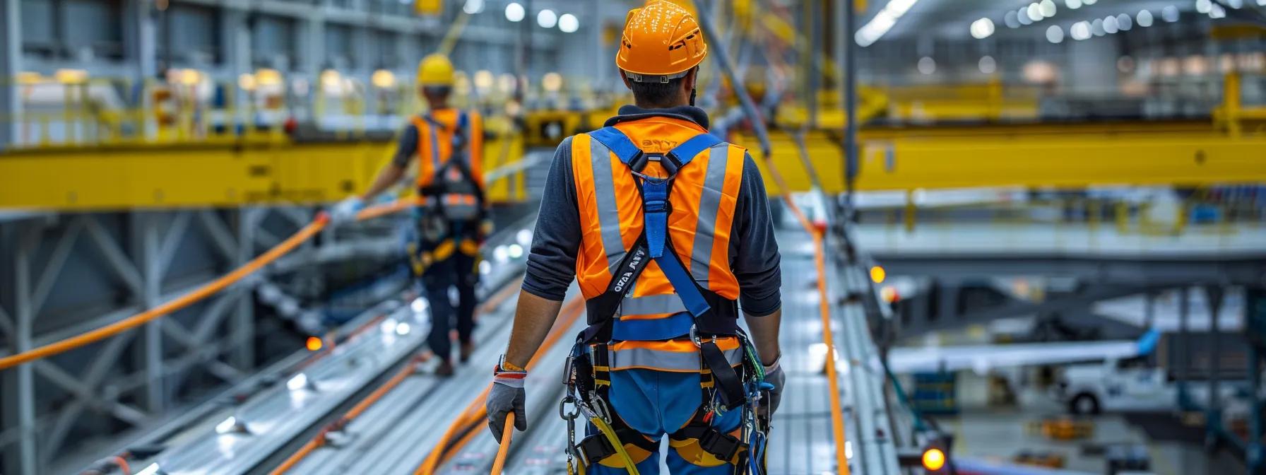 an industrial aircraft maintenance facility features workers in specialized harnesses and shock-absorbing lanyards, securely anchored to a horizontal lifeline system while performing safety-focused tasks along the wing edges and engine nacelles. an industrial aircraft maintenance facility features workers in specialized harnesses and shock-absorbing lanyards, securely anchored to a horizontal lifeline system while performing safety-focused tasks along the wing edges and engine nacelles.