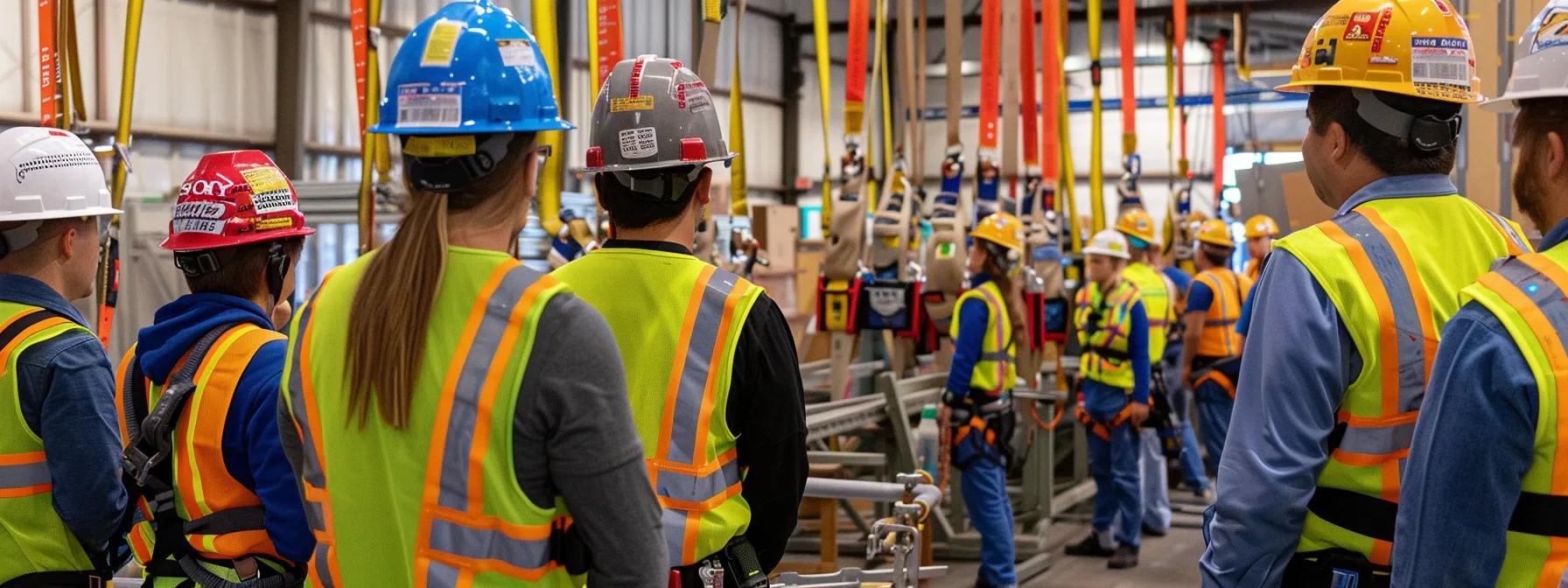 a dramatic indoor safety training setting showcases a diverse group of construction workers attentively reviewing safety protocols while donning bright, high-visibility harnesses and helmets, with an array of fall protection equipment like lanyards and shock absorbers prominently displayed on a nearby table. a dramatic indoor safety training setting showcases a diverse group of construction workers attentively reviewing safety protocols while donning bright, high-visibility harnesses and helmets, with an array of fall protection equipment like lanyards and shock absorbers prominently displayed on a nearby table.