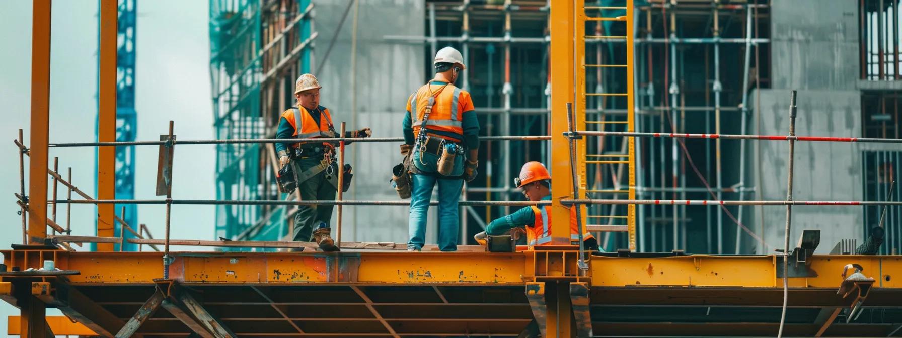a dynamic construction site showcases a team of workers in bright safety gear, meticulously adhering to osha safety compliance protocols as they navigate elevated platforms, with clear signage indicating fall protection measures prominently displayed in the background. a dynamic construction site showcases a team of workers in bright safety gear, meticulously adhering to osha safety compliance protocols as they navigate elevated platforms, with clear signage indicating fall protection measures prominently displayed in the background.