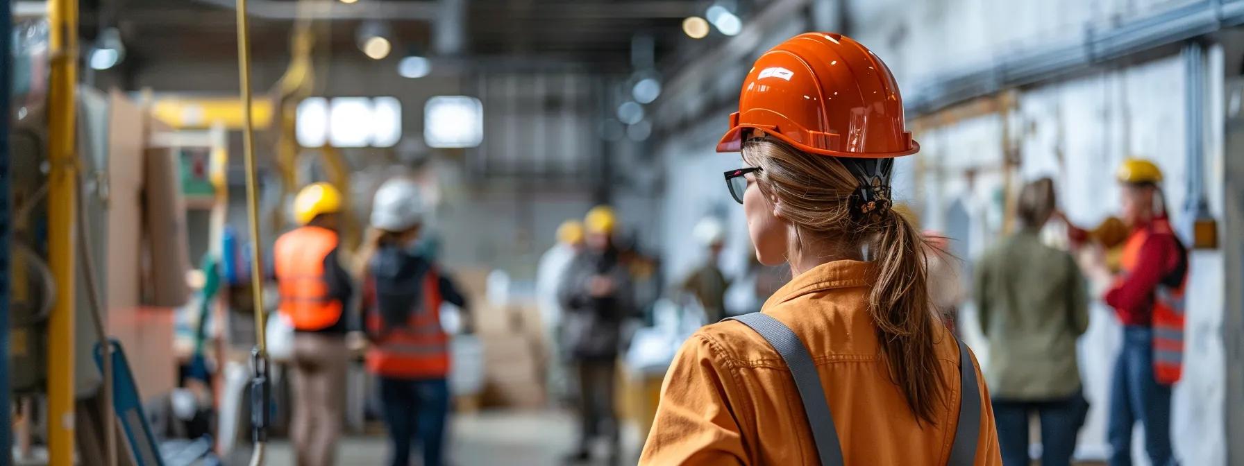 a focused office scene depicts a diverse group of professionals engaged in a dynamic training session on osha safety standards, featuring vibrant visuals of fall protection equipment and compliance materials displayed prominently in a modern urban workspace.