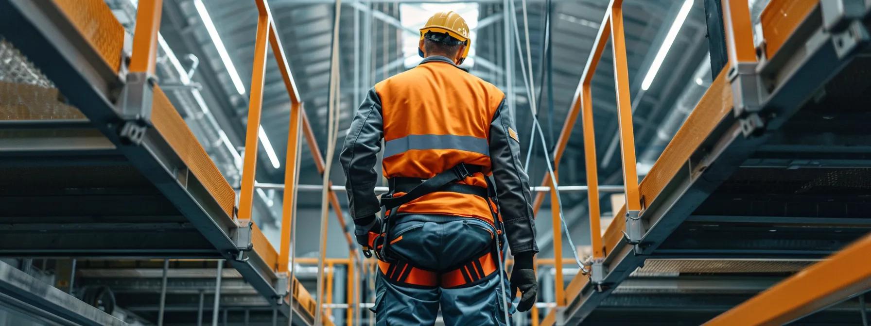 a meticulous technician inspects a newly installed fall protection system in a modern industrial workspace, showcasing the integration of safety gear and engineering precision under bright, focused lighting.