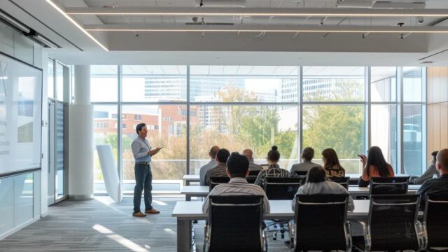 a modern office environment showcases a dynamic safety training session, with an instructor demonstrating effective fall risk management strategies to a captivated audience, highlighted by sleek technology and safety gear.