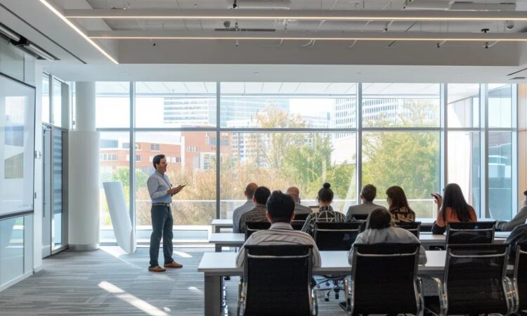 a modern office environment showcases a dynamic safety training session, with an instructor demonstrating effective fall risk management strategies to a captivated audience, highlighted by sleek technology and safety gear.