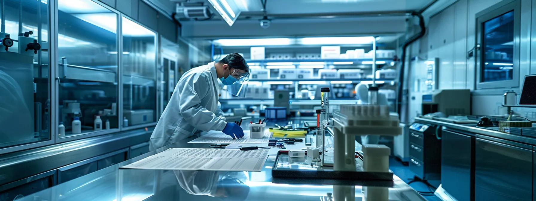 a sharp, industrial workspace showcases a safety officer meticulously inspecting a range of equipment with detailed checklists and tools spread across a stainless steel table, under bright, focused lighting that highlights the seriousness of compliance and performance.