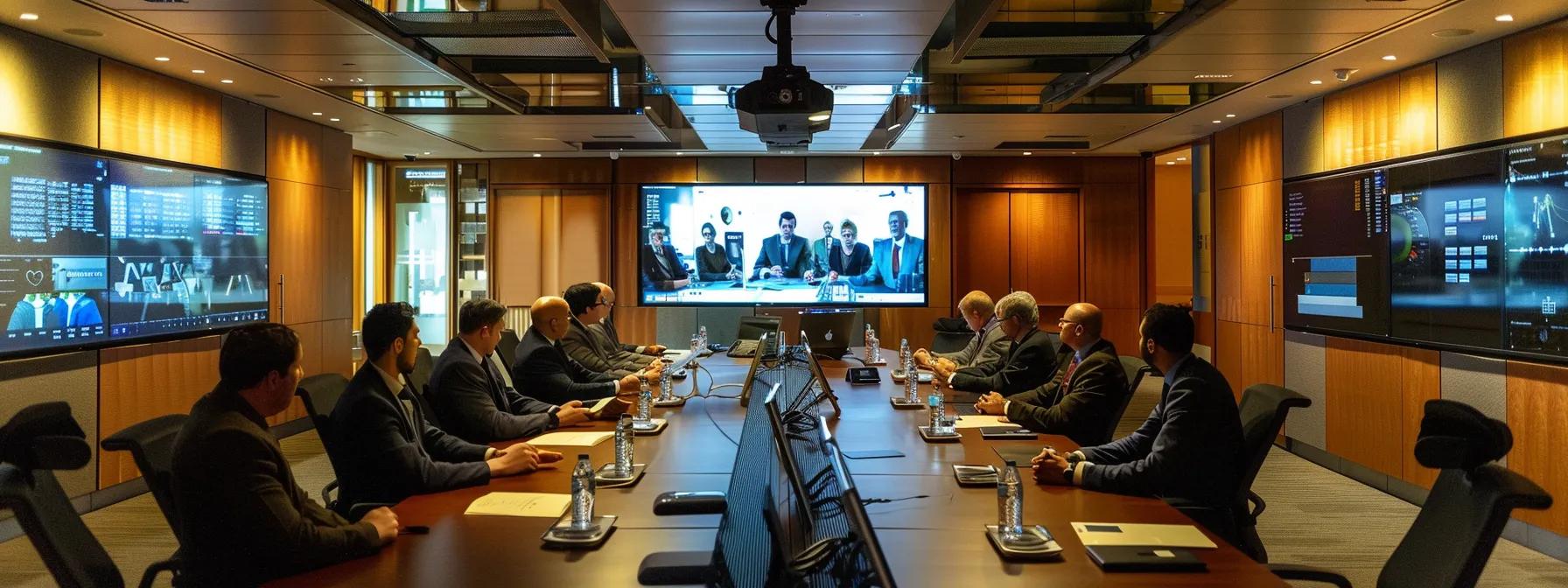 a dynamic conference room filled with engaged professionals collaborating around a sleek table, focused on a digital presentation that outlines a strategic safety program, illuminated by bright overhead lighting and modern decor. a dynamic conference room filled with engaged professionals collaborating around a sleek table, focused on a digital presentation that outlines a strategic safety program, illuminated by bright overhead lighting and modern decor.