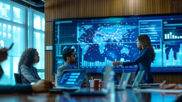 a dynamic corporate workshop in a sleek, modern conference room, showcasing engaged professionals collaborating around a large table, with vibrant graphics on a screen emphasizing innovative safety strategies and cultural transformation.