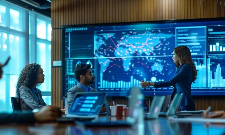 a dynamic corporate workshop in a sleek, modern conference room, showcasing engaged professionals collaborating around a large table, with vibrant graphics on a screen emphasizing innovative safety strategies and cultural transformation.