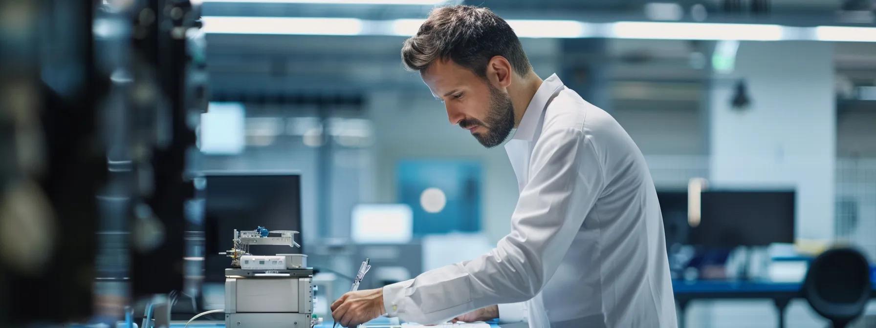 a focused scene of a professional technician in a modern office environment, meticulously calibrating intricate safety systems with advanced tools, surrounded by high-tech equipment and clear signage indicating strict safety protocols.