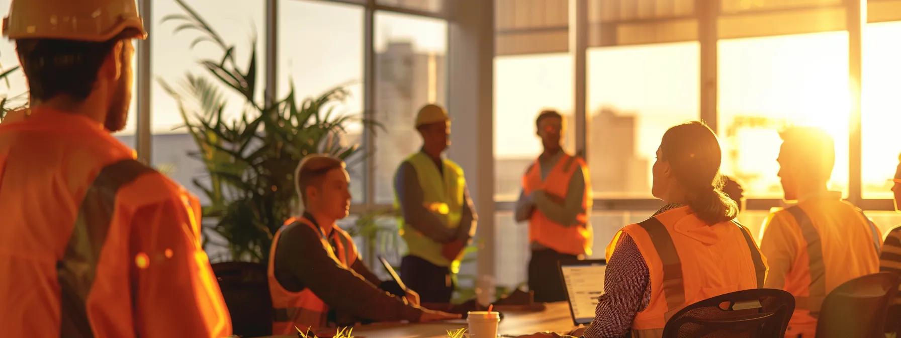 a focused training session unfolds in a brightly lit office space, featuring a diverse group of attentive workers surrounding a professional instructor demonstrating the proper use of fall protection equipment.