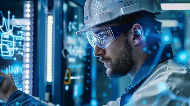 a meticulous engineer inspects complex safety systems in a high-tech industrial setting, surrounded by advanced machinery and certification diagrams under bright, focused lighting.