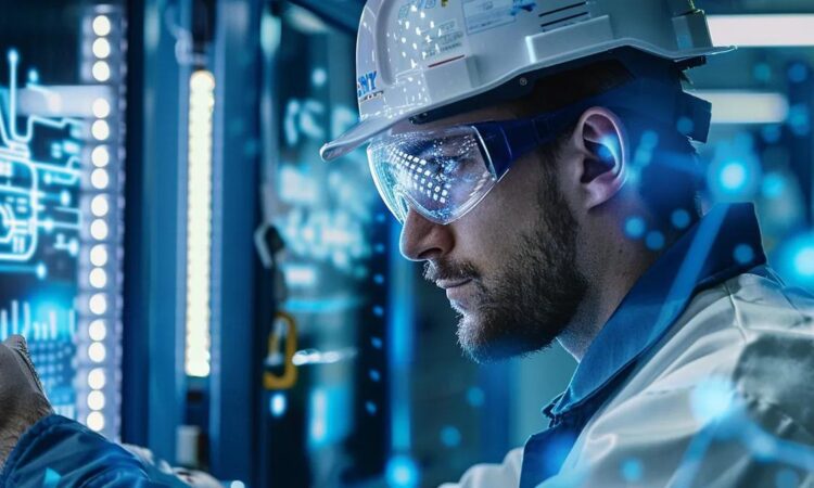 a meticulous engineer inspects complex safety systems in a high-tech industrial setting, surrounded by advanced machinery and certification diagrams under bright, focused lighting.
