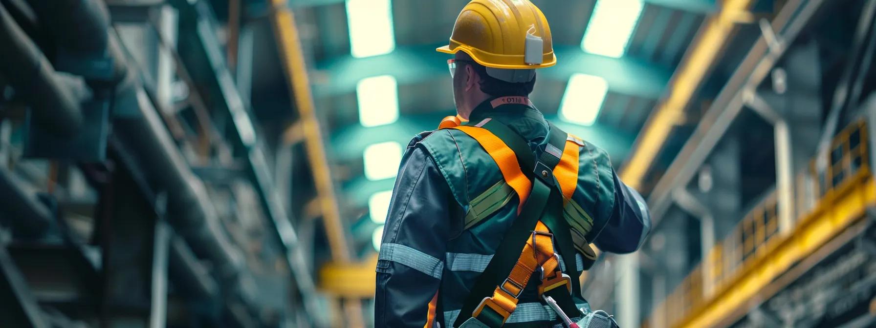 a meticulous safety inspector is examining fall protection equipment in a well-lit industrial workspace, highlighting the importance of adherence to ansi and osha standards while ensuring all components are functioning safely and effectively.