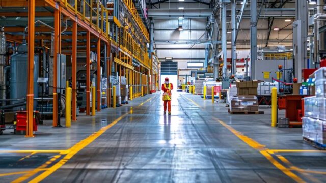 a meticulously organized industrial workspace showcases vibrant safety equipment and clearly displayed osha compliance posters, accentuating a strong commitment to inspection and maintenance standards.