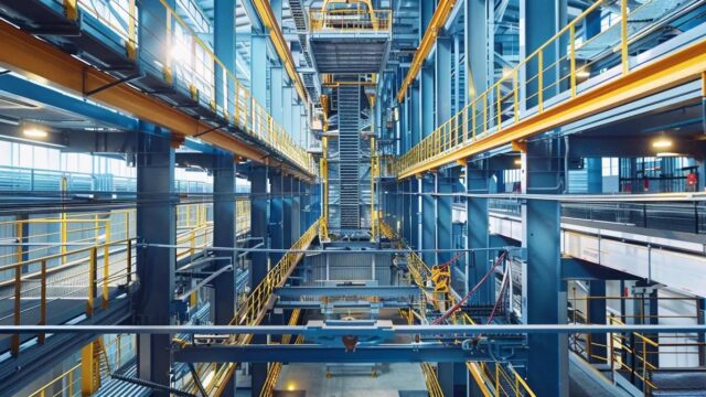 a modern industrial workspace displays a certified fall protection system in action, featuring bright safety harnesses and intricate rigging installed above a sleek, elevated platform, emphasizing commitment to rigorous safety standards and training.