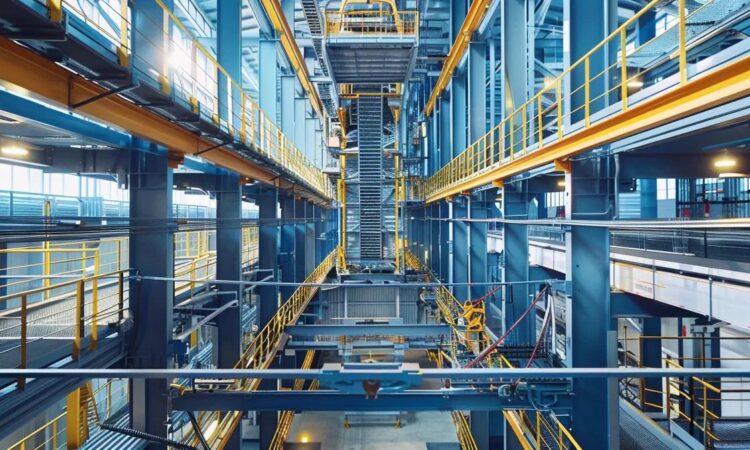 a modern industrial workspace displays a certified fall protection system in action, featuring bright safety harnesses and intricate rigging installed above a sleek, elevated platform, emphasizing commitment to rigorous safety standards and training.