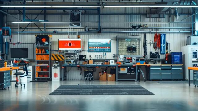 a modern industrial workspace showcases a well-organized safety management station, complete with colorful signage on fall prevention protocols, ergonomically designed safety gear on display, and an active digital monitoring system reflecting real-time data.