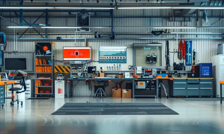 a modern industrial workspace showcases a well-organized safety management station, complete with colorful signage on fall prevention protocols, ergonomically designed safety gear on display, and an active digital monitoring system reflecting real-time data.