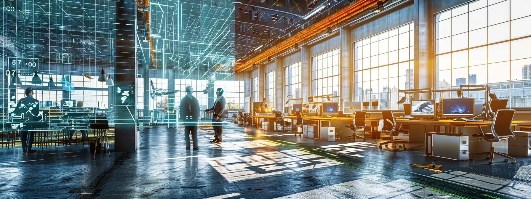a modern office environment showcases a diverse team engaged with advanced digital tools and augmented reality training modules, emphasizing the integration of iot sensors and mobile platforms in fall protection maintenance.