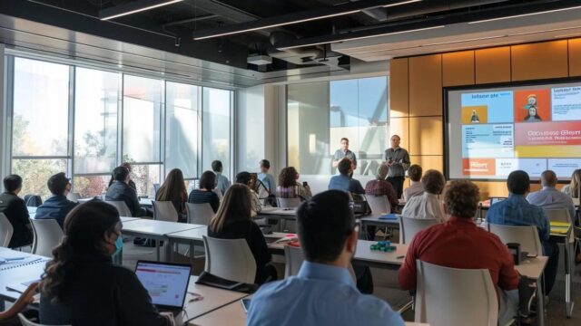 a modern office training room filled with engaged employees attentively participating in an interactive safety protocol workshop, featuring vivid presentation slides and safety equipment displayed prominently.
