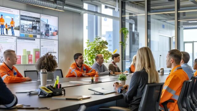 a modern office workspace features a safety training session in progress, with a diverse group of employees attentively engaged around a sleek conference table, surrounded by visuals of safety equipment and osha compliance posters prominently displayed on the walls.