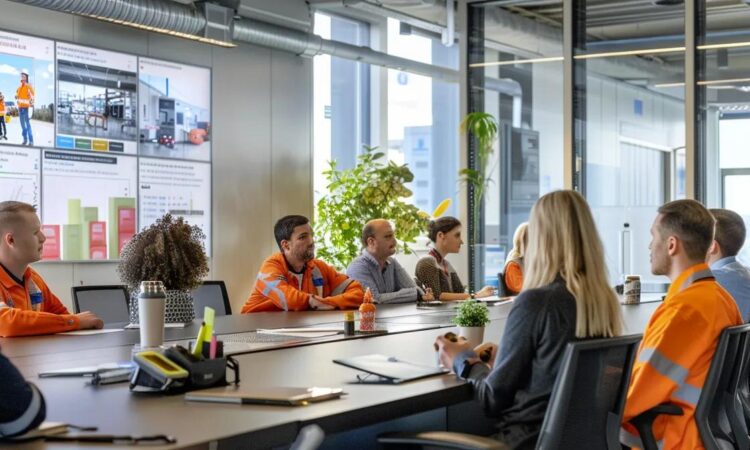 a modern office workspace features a safety training session in progress, with a diverse group of employees attentively engaged around a sleek conference table, surrounded by visuals of safety equipment and osha compliance posters prominently displayed on the walls.