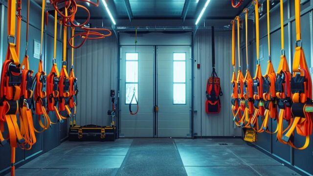 a modern training room filled with safety harnesses and fall protection equipment, showcasing a professional instructor demonstrating proper techniques, illuminated by focused overhead lighting that highlights the importance of workplace safety.