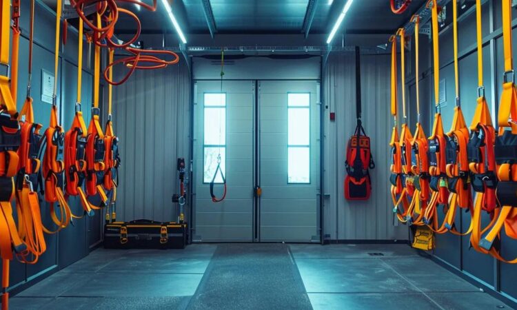 a modern training room filled with safety harnesses and fall protection equipment, showcasing a professional instructor demonstrating proper techniques, illuminated by focused overhead lighting that highlights the importance of workplace safety.