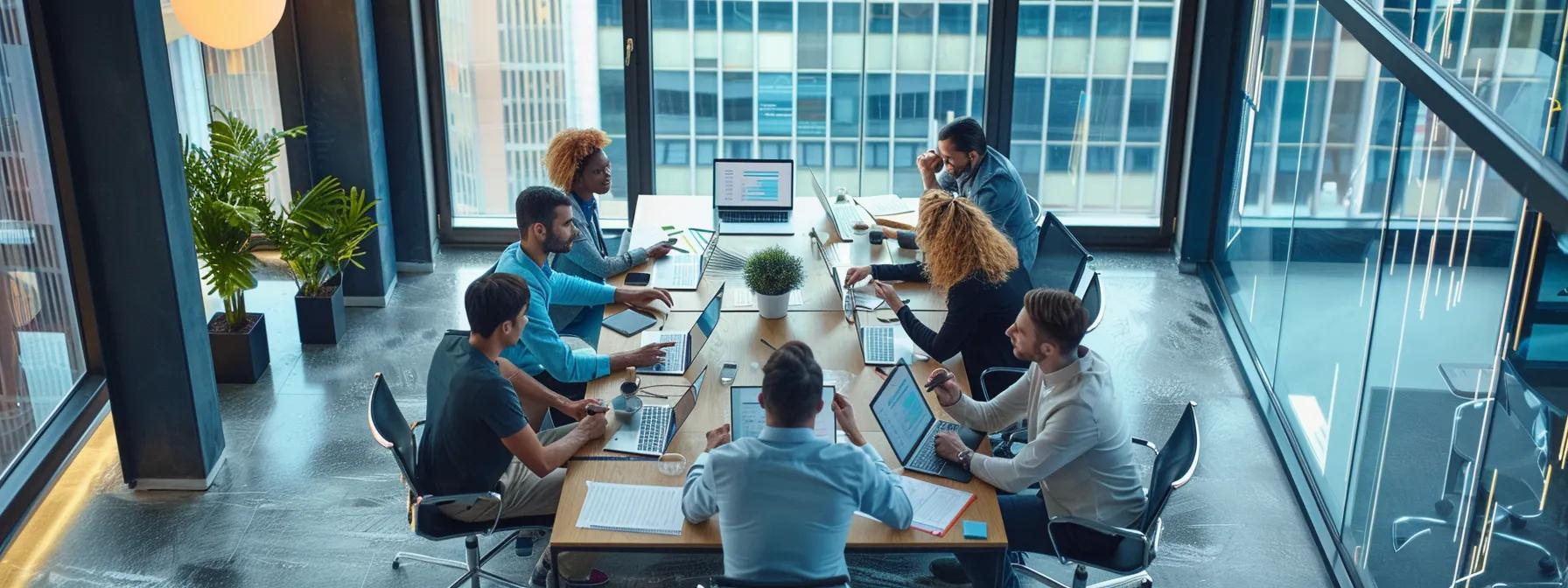 a professional office setting showcases a diverse team gathered around a sleek conference table, intently examining charts and data on digital tablets, emphasizing a collaborative approach to fall risk assessment strategies.