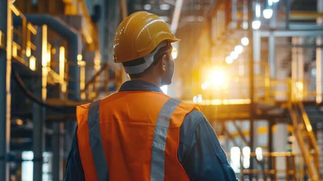 a professional safety compliance audit taking place in a modern industrial workspace, showcasing engineers meticulously inspecting fall protection systems and safety measures in a brightly lit environment.