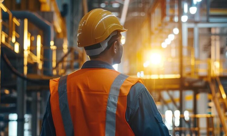 a professional safety compliance audit taking place in a modern industrial workspace, showcasing engineers meticulously inspecting fall protection systems and safety measures in a brightly lit environment.