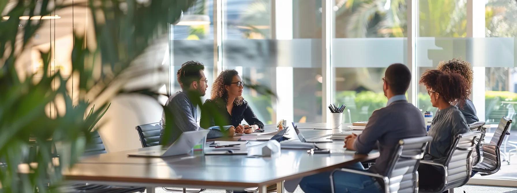 a sharp and modern office space showcases a diverse group of professionals engaged in a focused discussion around a sleek conference table, highlighting a detailed safety equipment catalog and inspection reports, symbolizing the crucial decision-making process for osha compliance.