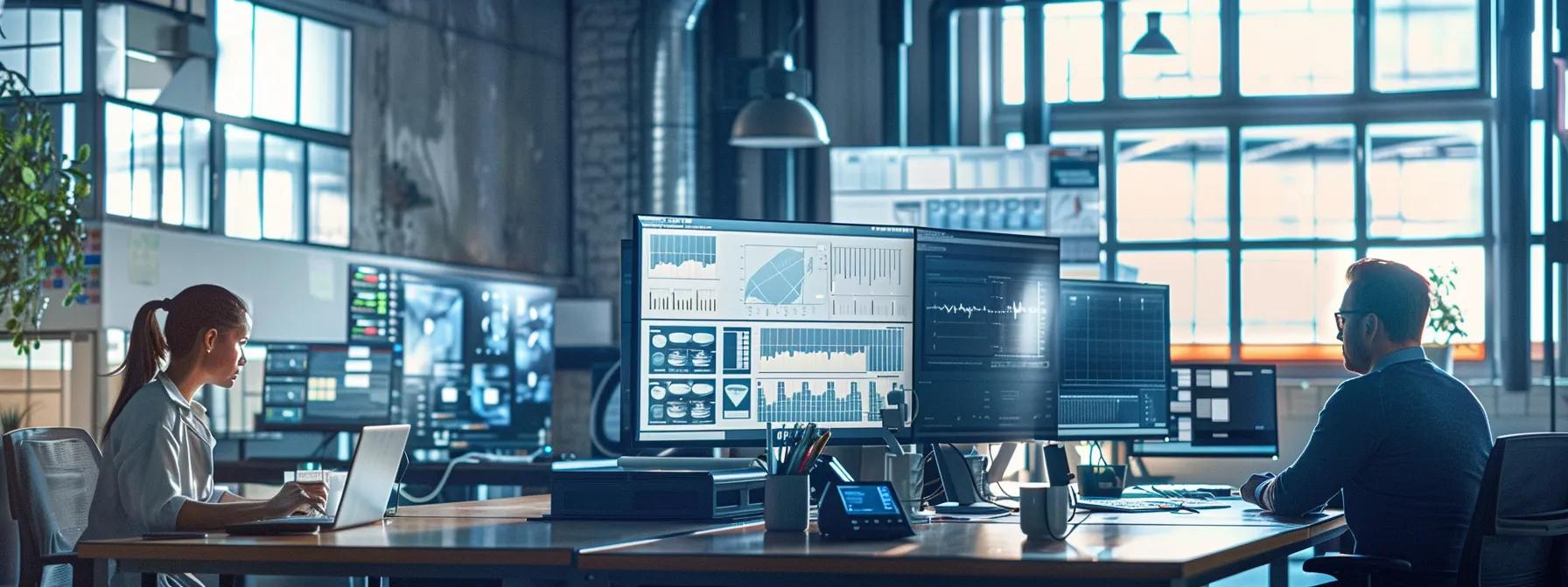 a sleek and modern industrial office setting showcases an integrated safety system solution in action, with professionals engaged in a collaborative discussion around high-tech monitors displaying system performance metrics.