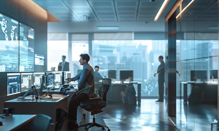 a sleek, modern office environment showcases a team of professionals engaged in thorough equipment inspections, emphasized by clear safety protocols displayed on digital screens, highlighting the importance of compliance and training in maintaining a secure worksite.
