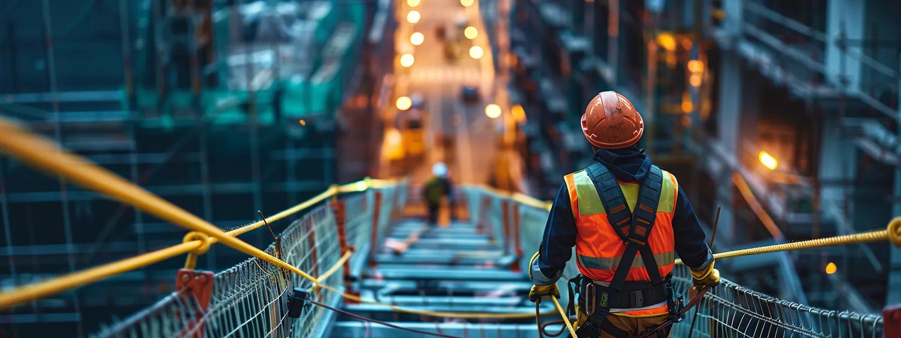 a visually striking urban construction site, showcasing a variety of osha-compliant fall protection equipment like harnesses and safety nets, under sharp fluorescent lighting that highlights the importance of workplace safety in a busy industrial environment. a visually striking urban construction site, showcasing a variety of osha-compliant fall protection equipment like harnesses and safety nets, under sharp fluorescent lighting that highlights the importance of workplace safety in a busy industrial environment.